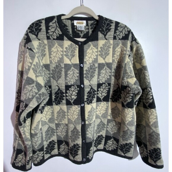 Vtg Talbots Cardigan Sweater XL Ivory Black Leaves Wool Grandmacore Academia - Picture 1 of 10